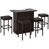 5-Piece Rattan Wicker Bar Set with Glass Top Table, 2 Tier Storage Shelf, and 4 Bar Stools for Outdoor, Patio, Garden, Brown