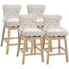 Bar-Height Upholstered Fabric 180°Swivel Stools Set of 4 Cream with Nailhead Trim for Pub Areas