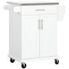 Kitchen Cart on Wheels, White, with Stainless Steel Countertop, Drawer, Towel & Spice Rack