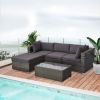 5-Piece Deluxe Outdoor Sectional Furniture, Patio Wicker Couch, Patio Rattan Furniture Set with Cushions, Pillows & Glass Coffee Table, Gray