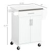 Kitchen Cart on Wheels, White, with Stainless Steel Countertop, Drawer, Towel & Spice Rack